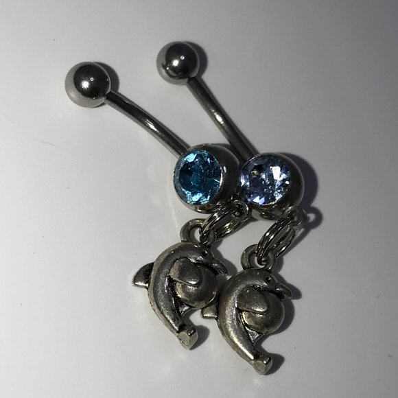 Aqua Blue Dolphin with Ball Dangle Belly Ring - Picture 5 of 16
